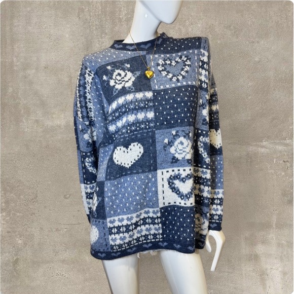 Pirate Eyes Sweaters - Vintage 90s Pirate Eyes Blue Patchwork Heart Knit Sweater Oversized Made in USA